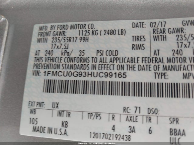 1FMCU0G93HUC99165 Ford ESCAPE SE