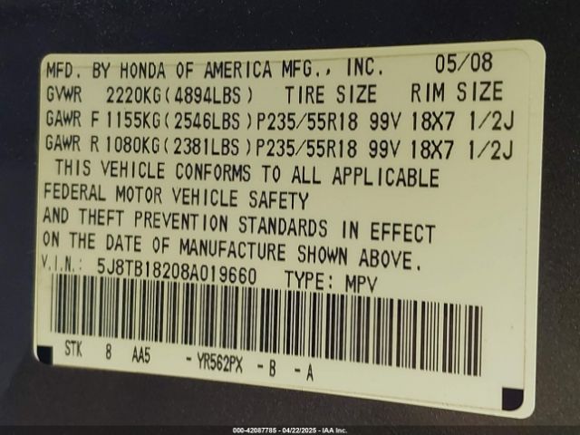 2008 ACURA RDX 5J8TB18208A019660 Photo 8