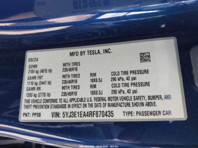 5YJ3E1EA4RF870435 Tesla Model 3 Long Range Dual Motor All-wheel Drive/rear-wheel Drive