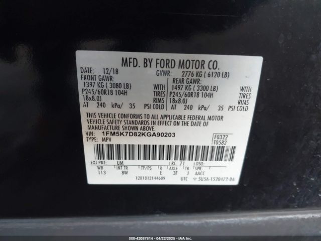 1FM5K7D82KGA90203 Ford EXPLORER XLT