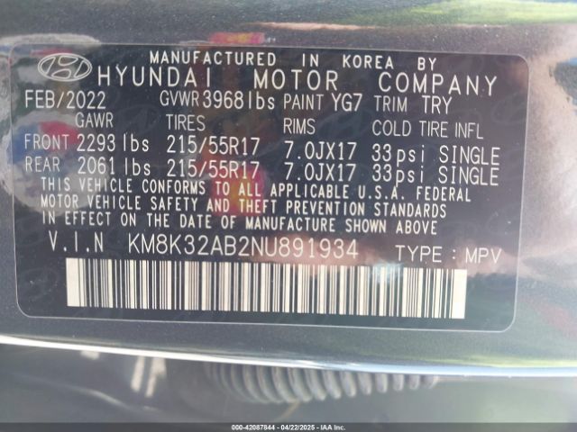 KM8K32AB2NU891934 Hyundai Kona Sel