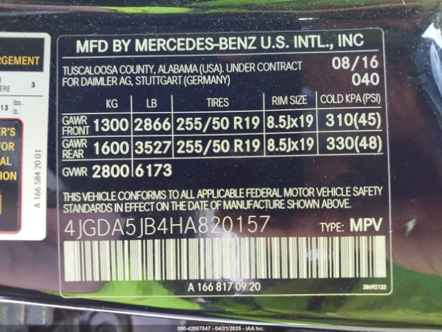 4JGDA5JB4HA820157 Mercedes-Benz GLE 350