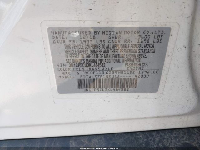 3N1CP5CU3KL484582 Nissan KICKS SV
