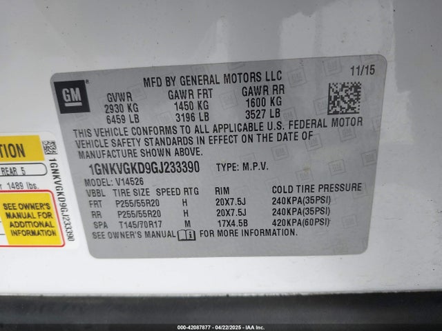 1GNKVGKD9GJ233390 Chevrolet Traverse 1lt