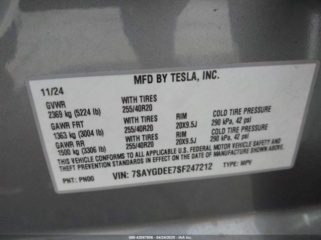 7SAYGDEE7SF247212 Tesla Model Y Long Range Dual Motor All-wheel Drive