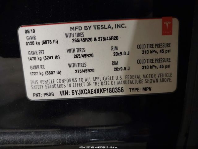5YJXCAE4XKF180356 Tesla Model X P100d/performance