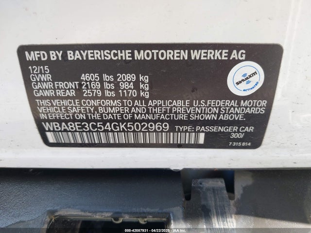 WBA8E3C54GK502969 BMW 2016