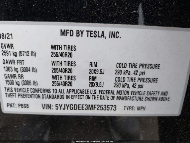 5YJYGDEE3MF253573 Tesla Model Y Long Range Dual Motor All-wheel Drive