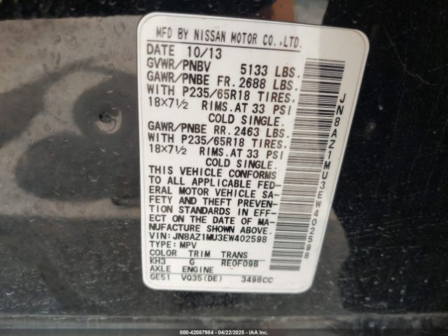 JN8AZ1MU3EW402598 Nissan MURANO SV