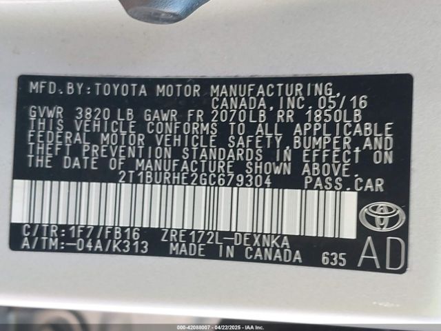 2T1BURHE2GC679304 Toyota COROLLA LE