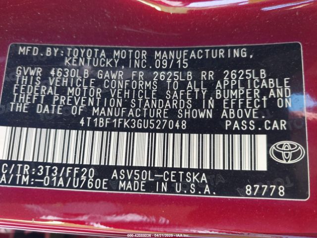 4T1BF1FK3GU527048 Toyota 2ar-fe