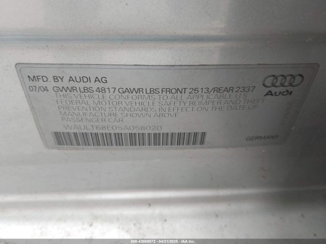 2005 AUDI A4 WAULT68E05A058020 Photo 8
