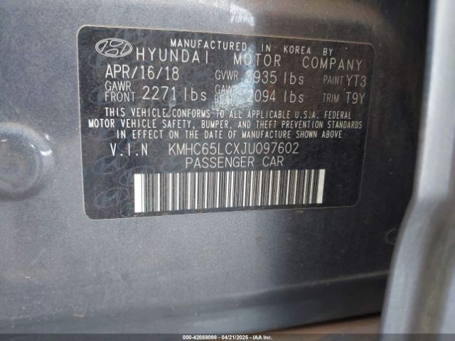 KMHC65LCXJU097602 Hyundai Ioniq Hybrid Blue