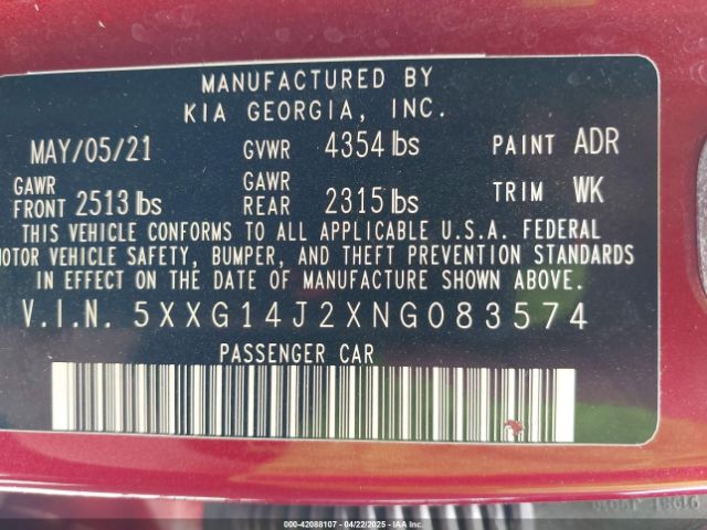 5XXG14J2XNG083574 KIA K5 LXS