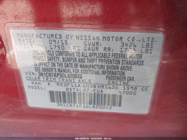 3N1CN7AP3GL820043 Nissan Versa 1.6 S/1.6 S+/1.6 Sl/1.6 Sv
