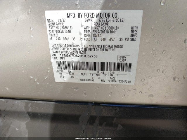 1FM5K7D82HGC52758 Ford EXPLORER XLT