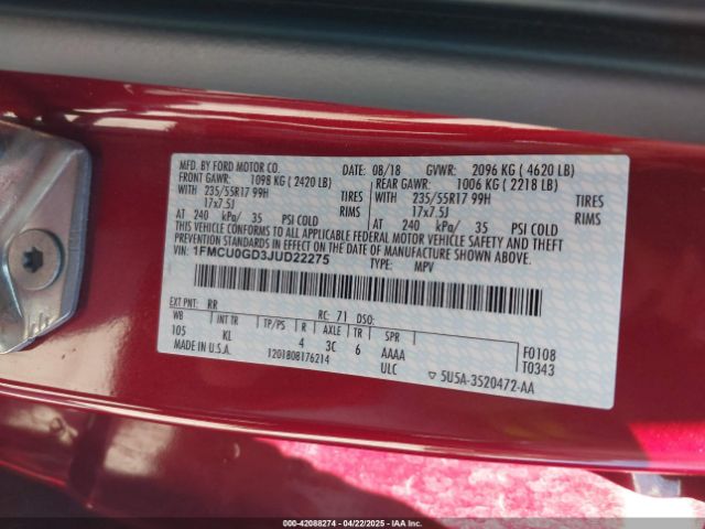 1FMCU0GD3JUD22275 Ford ESCAPE SE