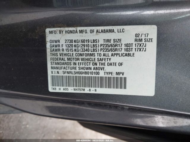 5FNRL5H66HB010100 Honda Odyssey Ex-l