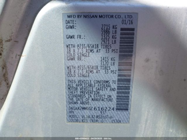 5N1AR2MM0GC616224 Nissan Pathfinder Platinum/s/sl/sv