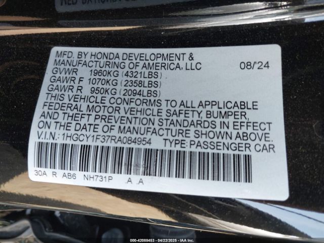 1HGCY1F37RA084954 Honda ACCORD EX