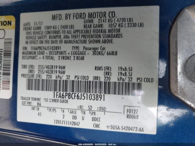 1FA6P8CF6J5103891 Ford 5.0l 4v premium fuel