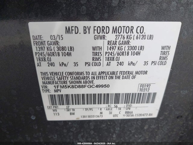 1FM5K8D88FGC49950 Ford EXPLORER XLT