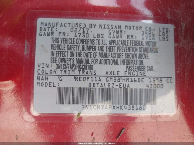 3N1CN7APXHK438180 Nissan Versa 1.6 Sv