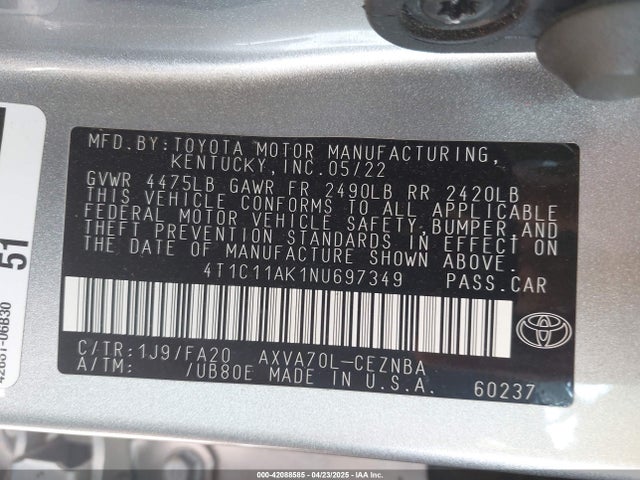 4T1C11AK1NU697349 Toyota CAMRY LE