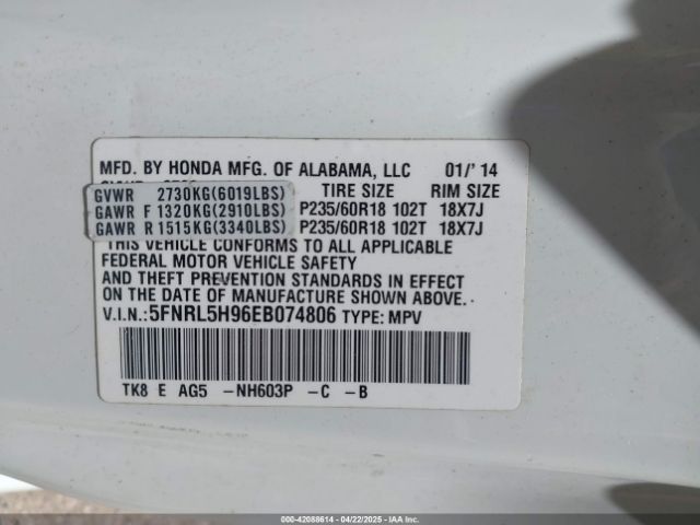 5FNRL5H96EB074806 Honda Odyssey Touring/touring Elite