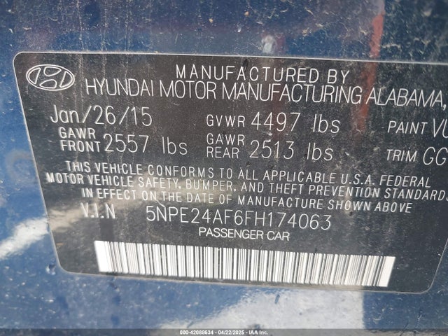 5NPE24AF6FH174063 Hyundai SONATA SE