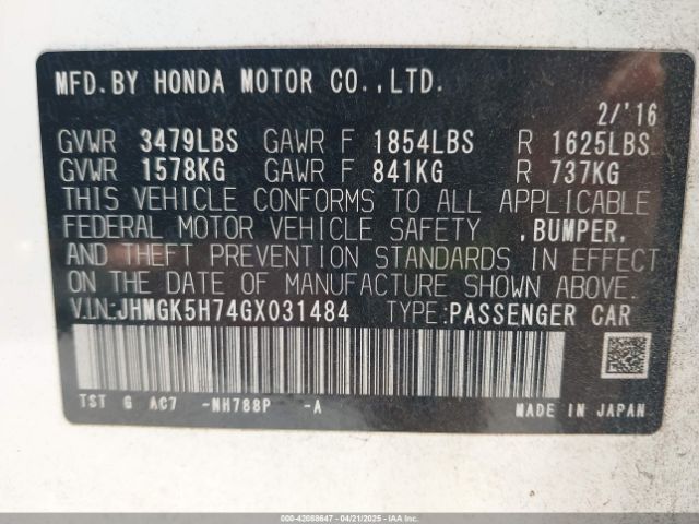JHMGK5H74GX031484 Honda FIT EX