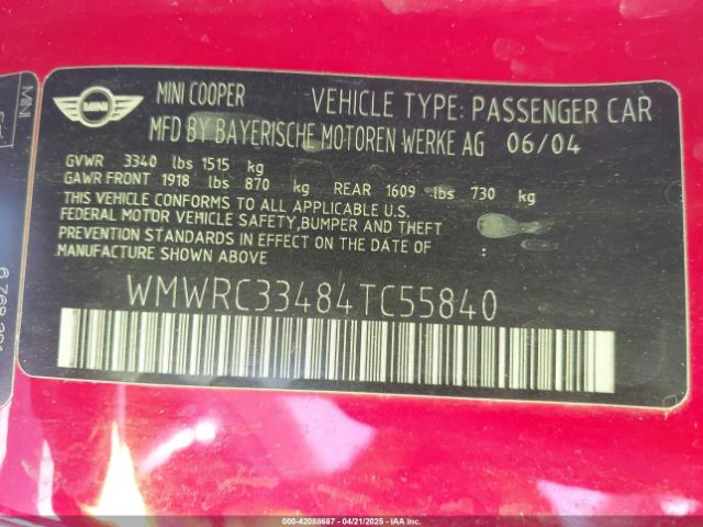 2004 MINI COOPER WMWRC33484TC55840 Photo 8