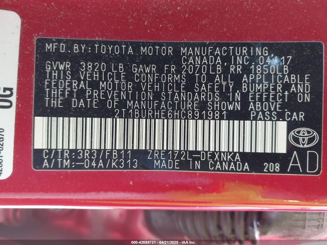 2T1BURHE6HC891981 Toyota COROLLA LE