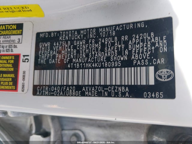 4T1B11HK4KU180995 Toyota CAMRY LE