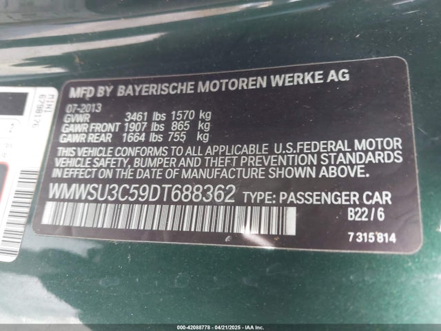 2013 MINI HARDTOP WMWSU3C59DT688362 Photo 8