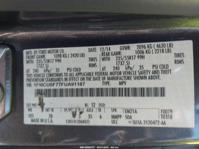 1FMCU0F77FUA91187 Ford ESCAPE S