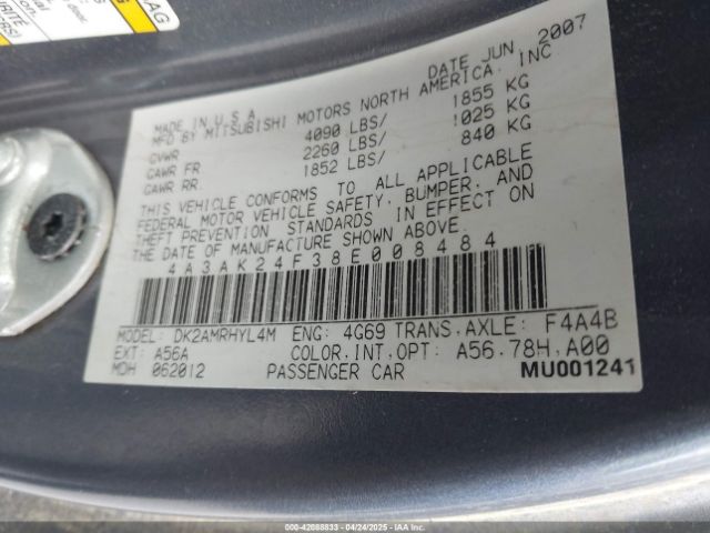 2008 MITSUBISHI ECLIPSE 4A3AK24F38E008484 Photo 8