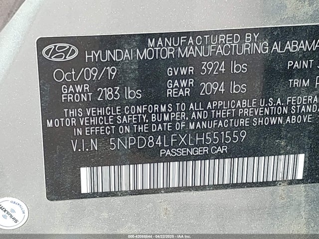 5NPD84LFXLH551559 Hyundai ELANTRA SEL