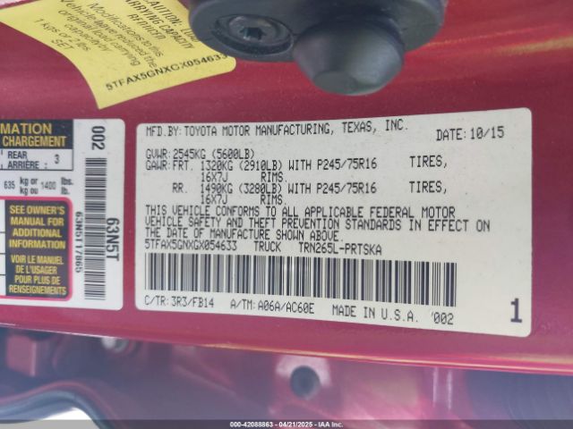 5TFAX5GNXGX054633 Toyota Tacoma Sr