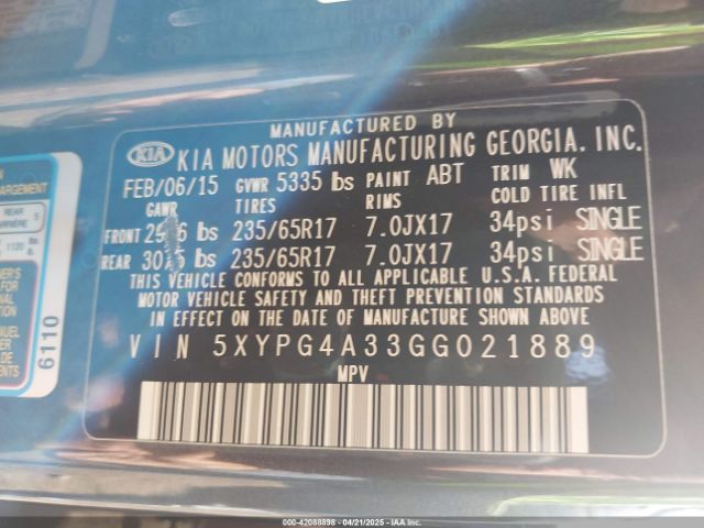 5XYPG4A33GG021889 KIA Sorento 2.4l Lx