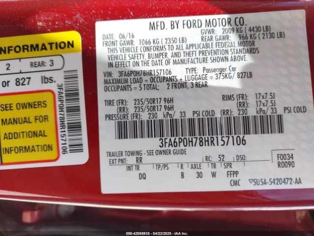 3FA6P0H78HR157106 Ford FUSION SE