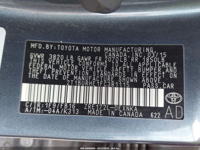 2T1BURHE1FC381115 Toyota COROLLA LE