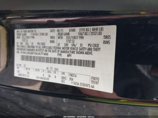 1FMCU9G97GUA77456 Ford ESCAPE SE