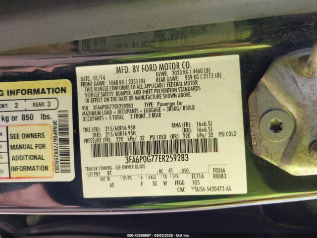 3FA6P0G77ER259283 Ford FUSION S