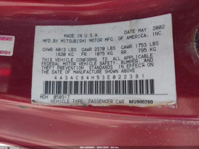 2003 MITSUBISHI ECLIPSE 4A3AC84H53E022381 Photo 8