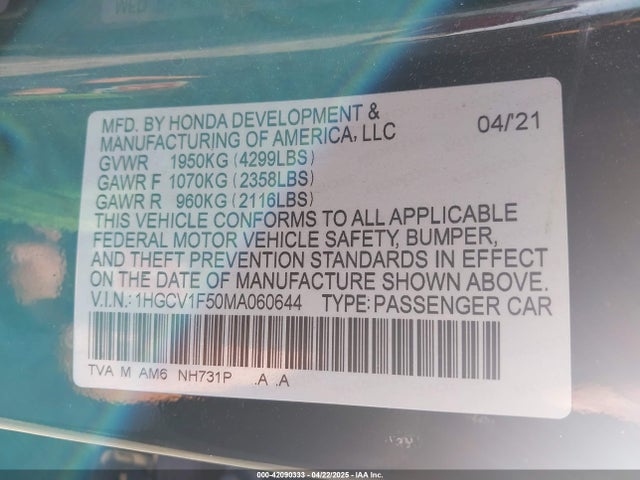 1HGCV1F50MA060644 Honda l15be