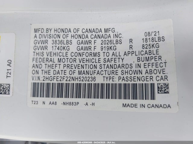 2HGFE2F22NH520236 Honda Civic Lx