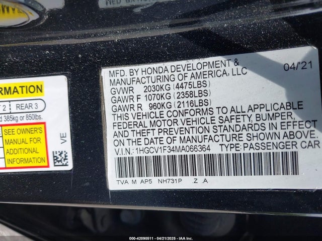 1HGCV1F34MA066364 Honda Accord Sport