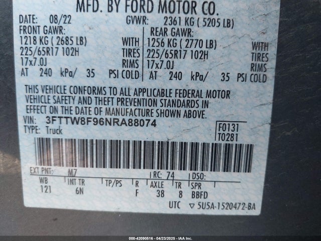 3FTTW8F96NRA88074 Ford Maverick Lariat