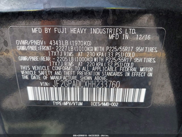 JF2GPADCXHH233760 Subaru Crosstrek 2.0i Premium